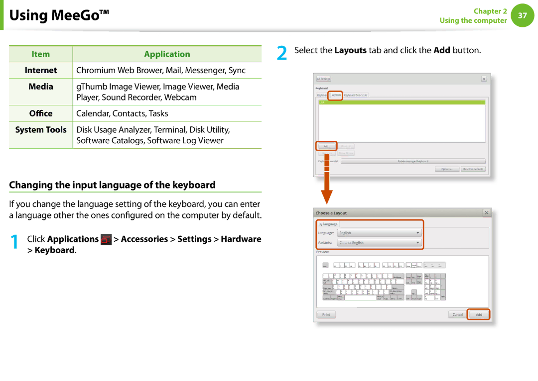 Samsung NP-N100-DA02BG manual Changing the input language of the keyboard, Select the Layouts tab and click the Add button 