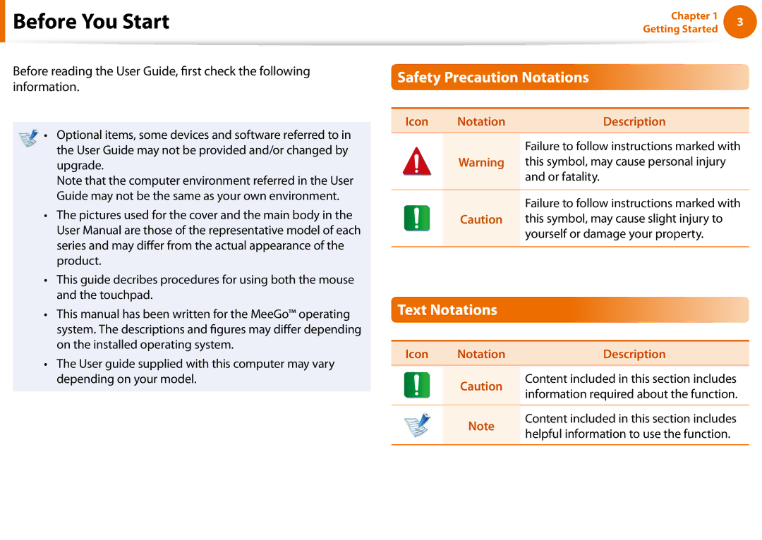Samsung NP-N100-MA02EE, NP-N100-MA01VN manual Before You Start, Safety Precaution Notations, Text Notations, Or fatality 
