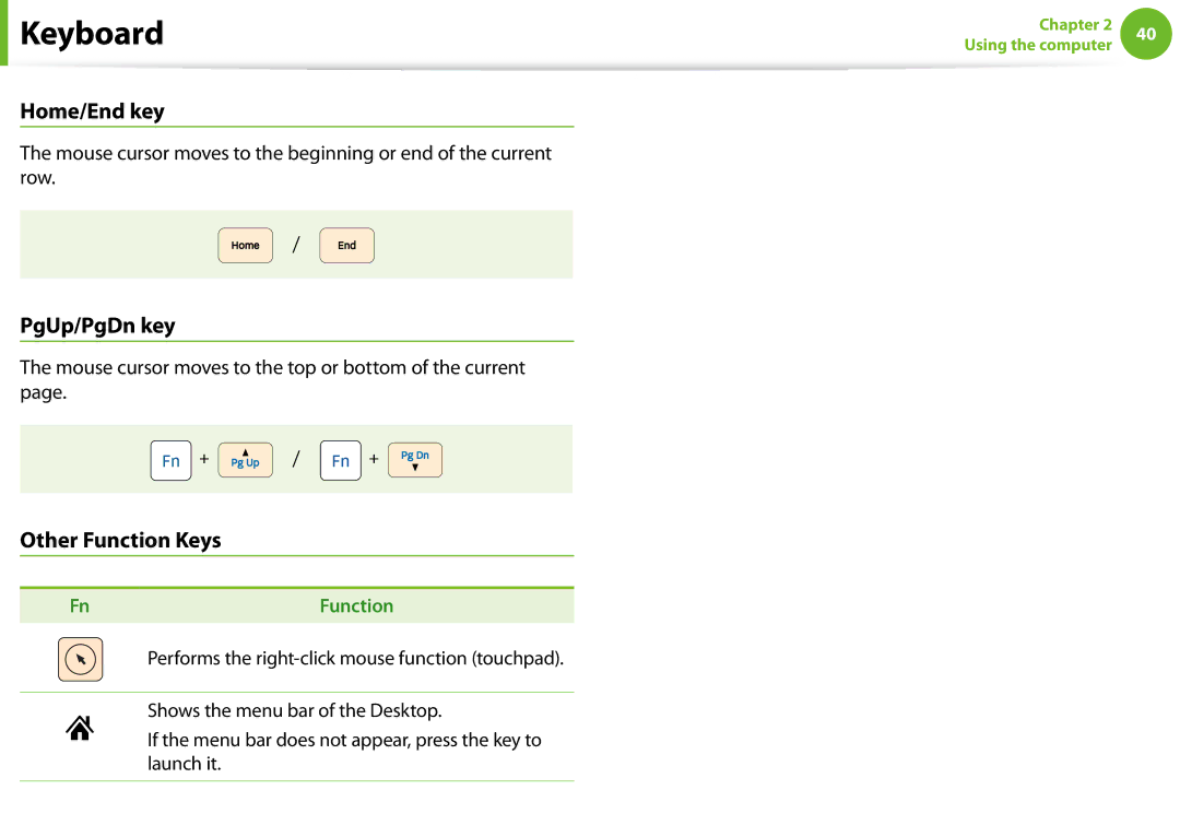 Samsung NP-N100-MA02RU, NP-N100-MA01VN, NP-N100-MA02VN, NP-N100-DA01BG manual Home/End key, PgUp/PgDn key, Other Function Keys 