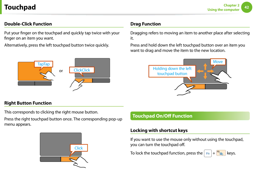 Samsung NP-N100-MA02VN manual Touchpad On/Off Function, Double-Click Function, Drag Function, Right Button Function 