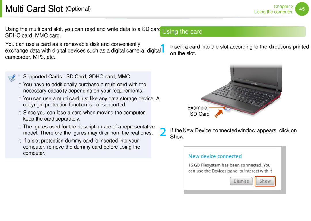 Samsung NP-N100-MA02EE, NP-N100-MA01VN, NP-N100-MA02VN, NP-N100-DA01BG manual Multi Card Slot Optional, Using the card, Show 