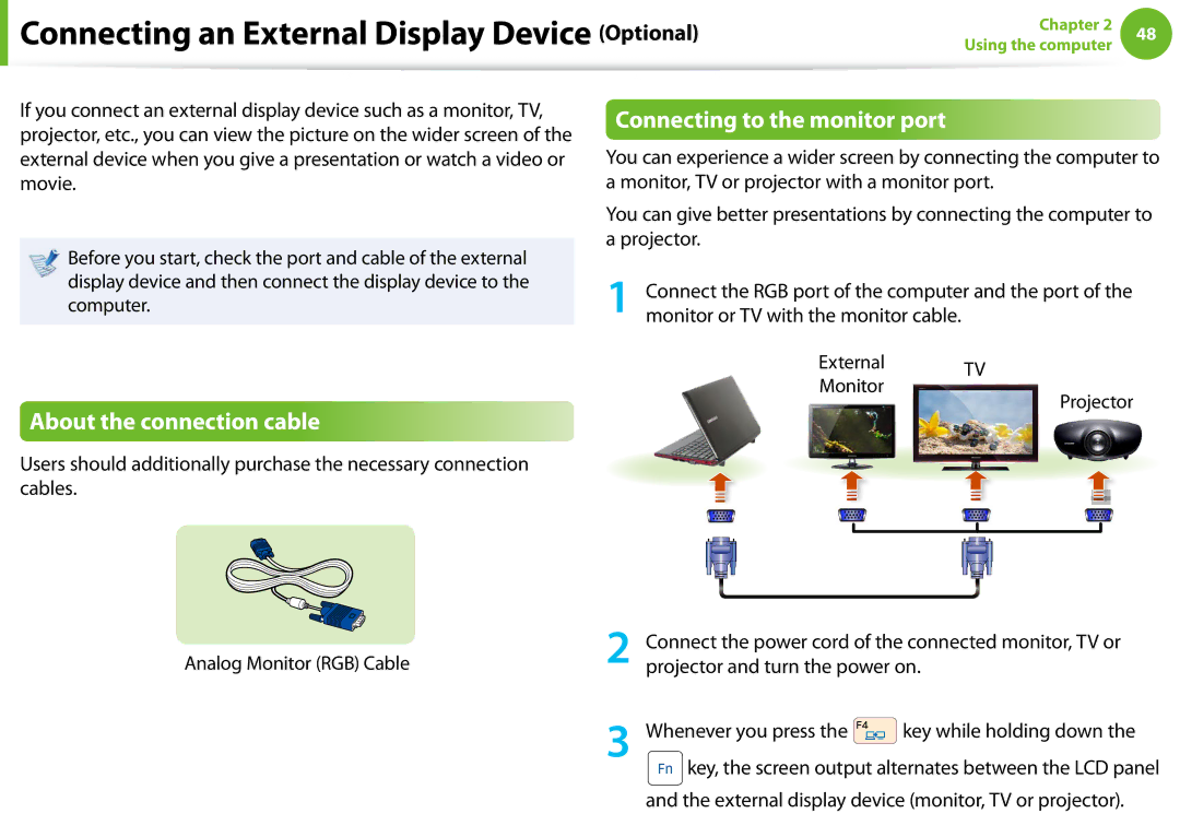 Samsung NP-N100-MA01VN, NP-N100-MA02VN manual Connecting an External Display Device Optional, Connecting to the monitor port 