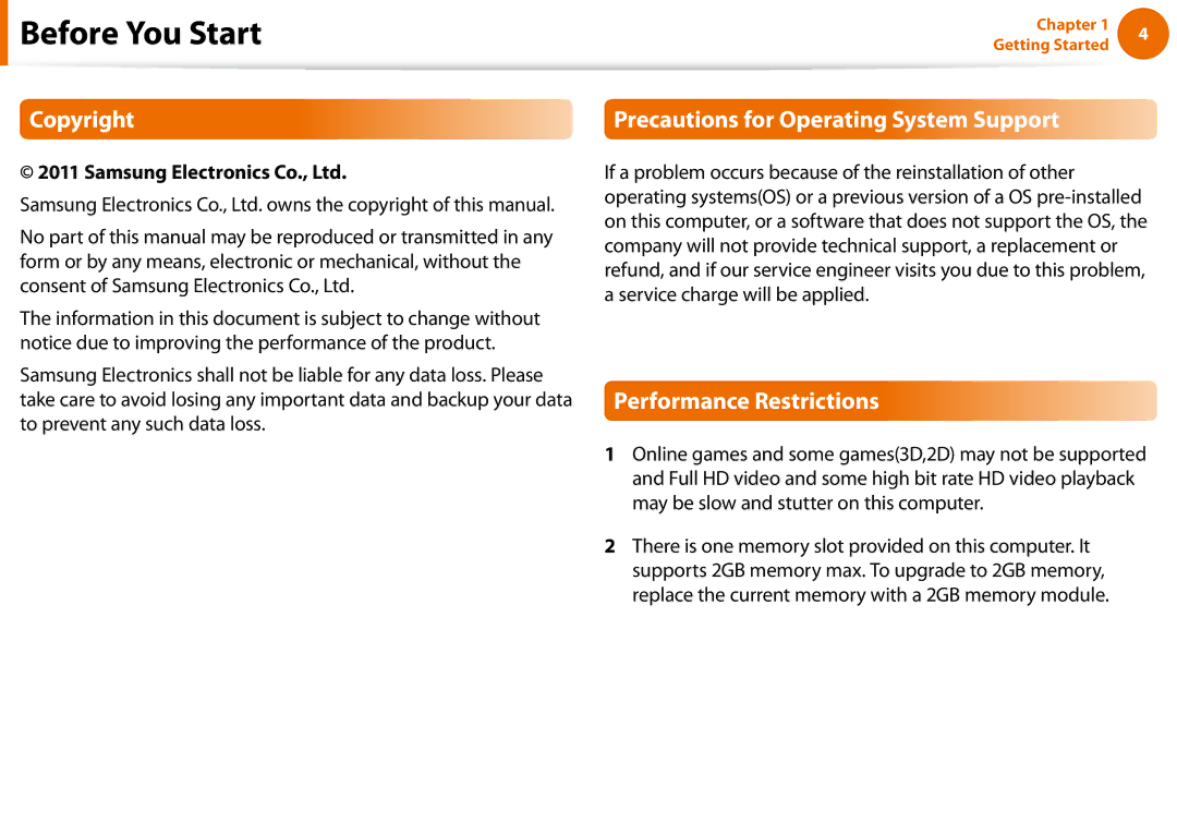 Samsung NP-N100-MA01RU, NP-N100-MA01VN manual Copyright, Precautions for Operating System Support, Performance Restrictions 