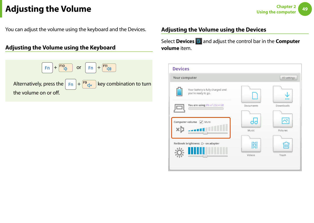 Samsung NP-N100-MA02VN, NP-N100-MA01VN Adjusting the Volume using the Keyboard, Adjusting the Volume using the Devices 