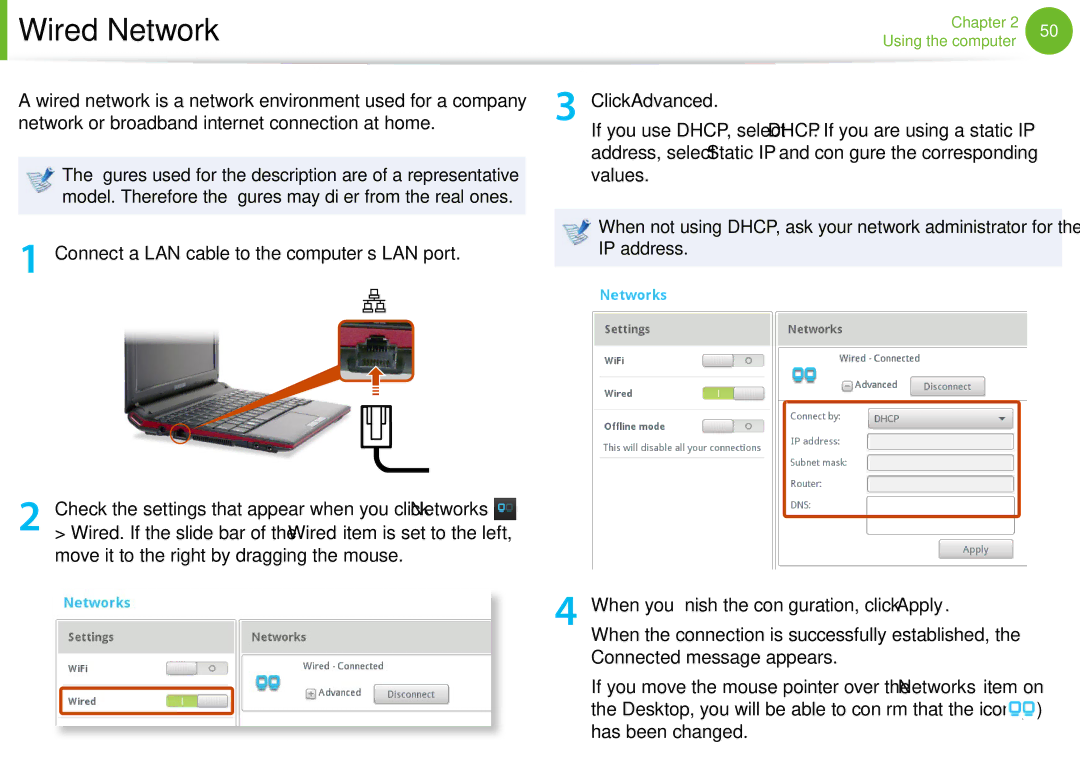 Samsung NP-N100-DA01BG, NP-N100-MA01VN manual Wired Network, Connect a LAN cable to the computer’s LAN port, Click Advanced 