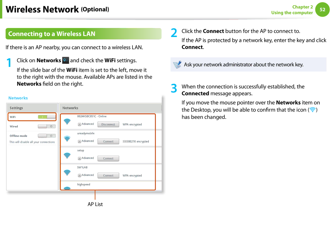 Samsung NP-N100-MA02EE, NP-N100-MA01VN, NP-N100-MA02VN manual Connecting to a Wireless LAN, Connected message appears 