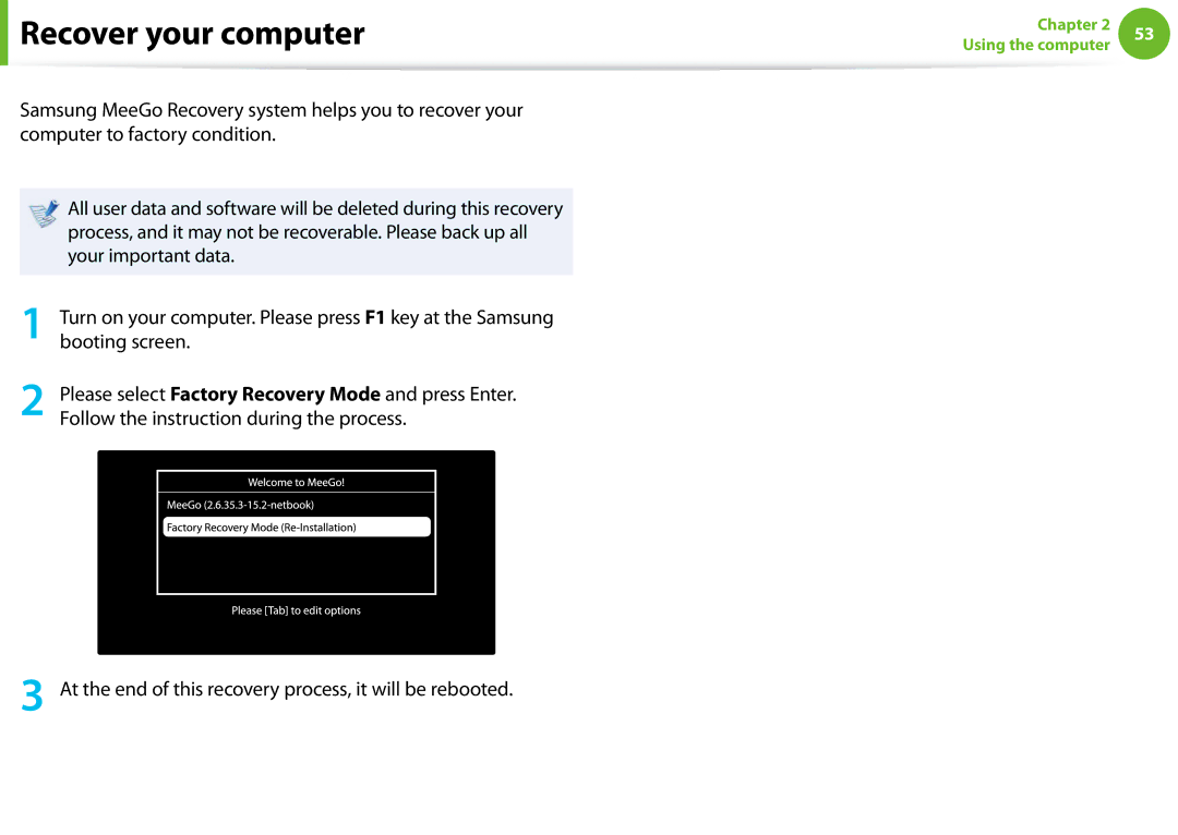 Samsung NP-N100-MA01RU, NP-N100-MA01VN Recover your computer, Booting screen, Follow the instruction during the process 