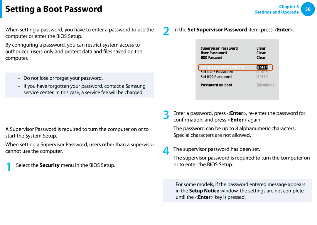 Samsung NP-N100-DA02BG, NP-N100-MA01VN, NP-N100-MA02VN manual Setting a Boot Password, Setting a Supervisor Password 