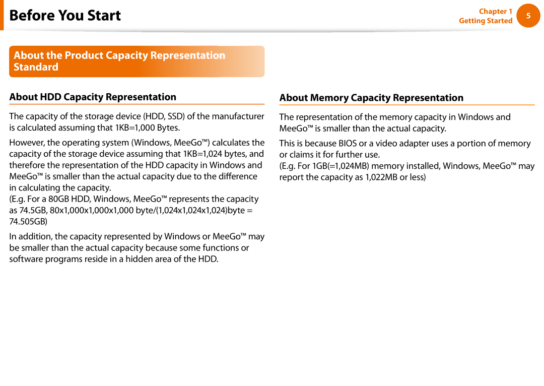 Samsung NP-N100-MA02RU manual About the Product Capacity Representation Standard, About HDD Capacity Representation 