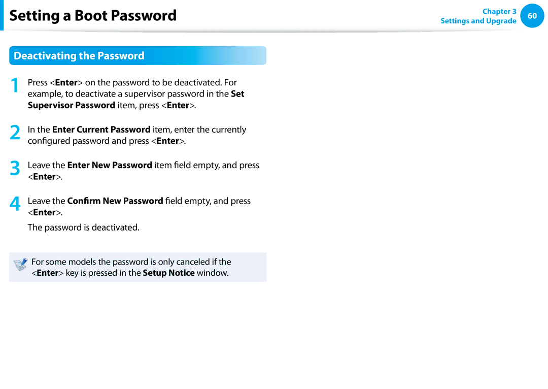 Samsung NP-N100-MA01RU, NP-N100-MA01VN, NP-N100-MA02VN Deactivating the Password, Supervisor Password item, press Enter 