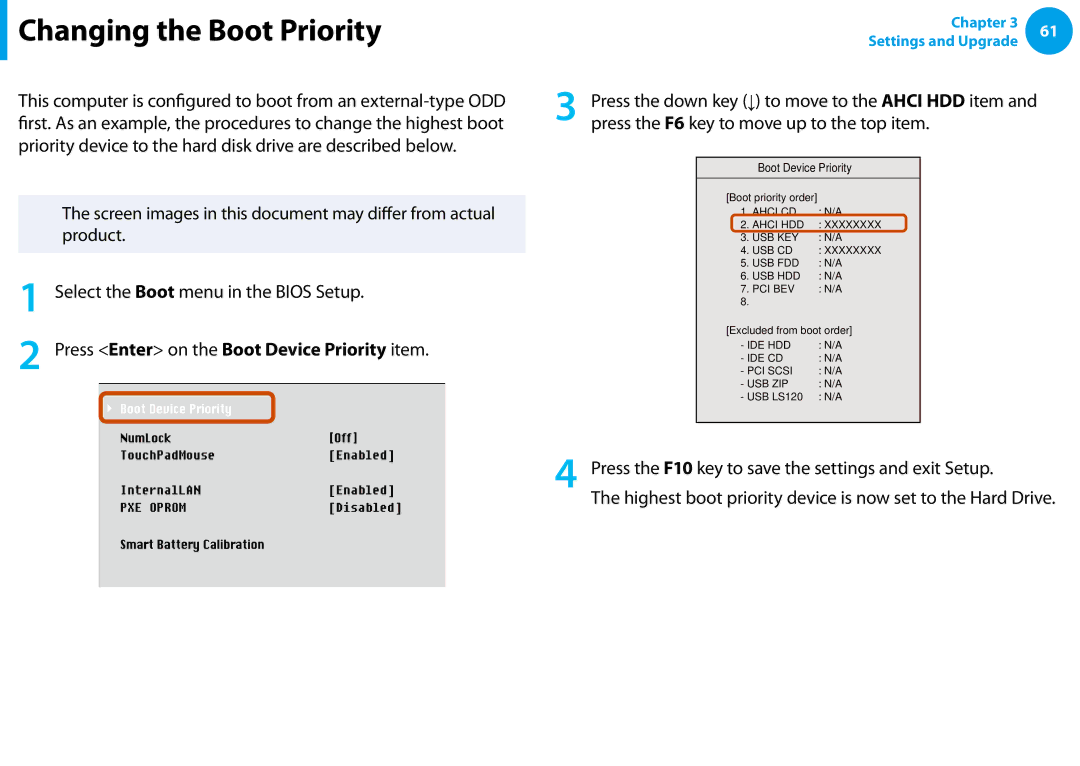 Samsung NP-N100-MA02RU manual Changing the Boot Priority, Priority device to the hard disk drive are described below 