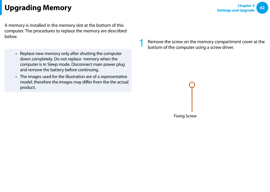 Samsung NP-N100-MA01VN, NP-N100-MA02VN, NP-N100-DA01BG, NP-N100-DA02BG, NP-N100-MA02EE Upgrading Memory, Replacing the Memory 
