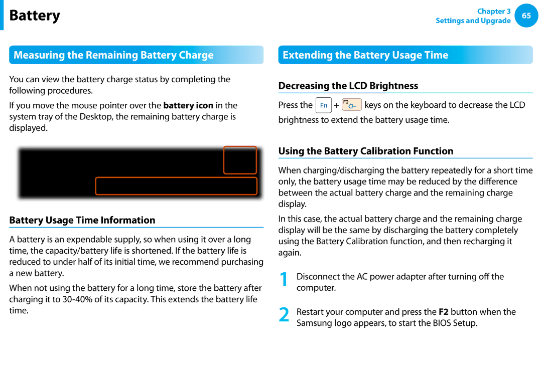 Samsung NP-N100-DA02BG, NP-N100-MA01VN manual Measuring the Remaining Battery Charge, Extending the Battery Usage Time 