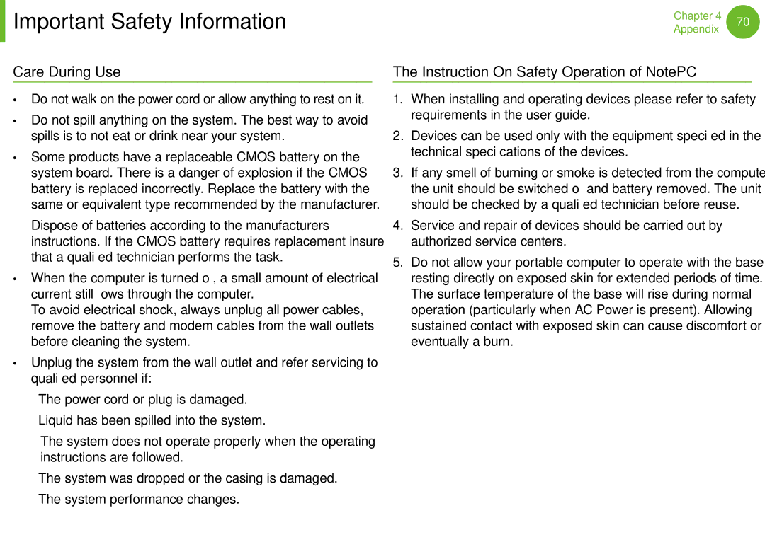 Samsung NP-N100-MA02VN, NP-N100-MA01VN, NP-N100-DA01BG manual Care During Use, Instruction On Safety Operation of NotePC 