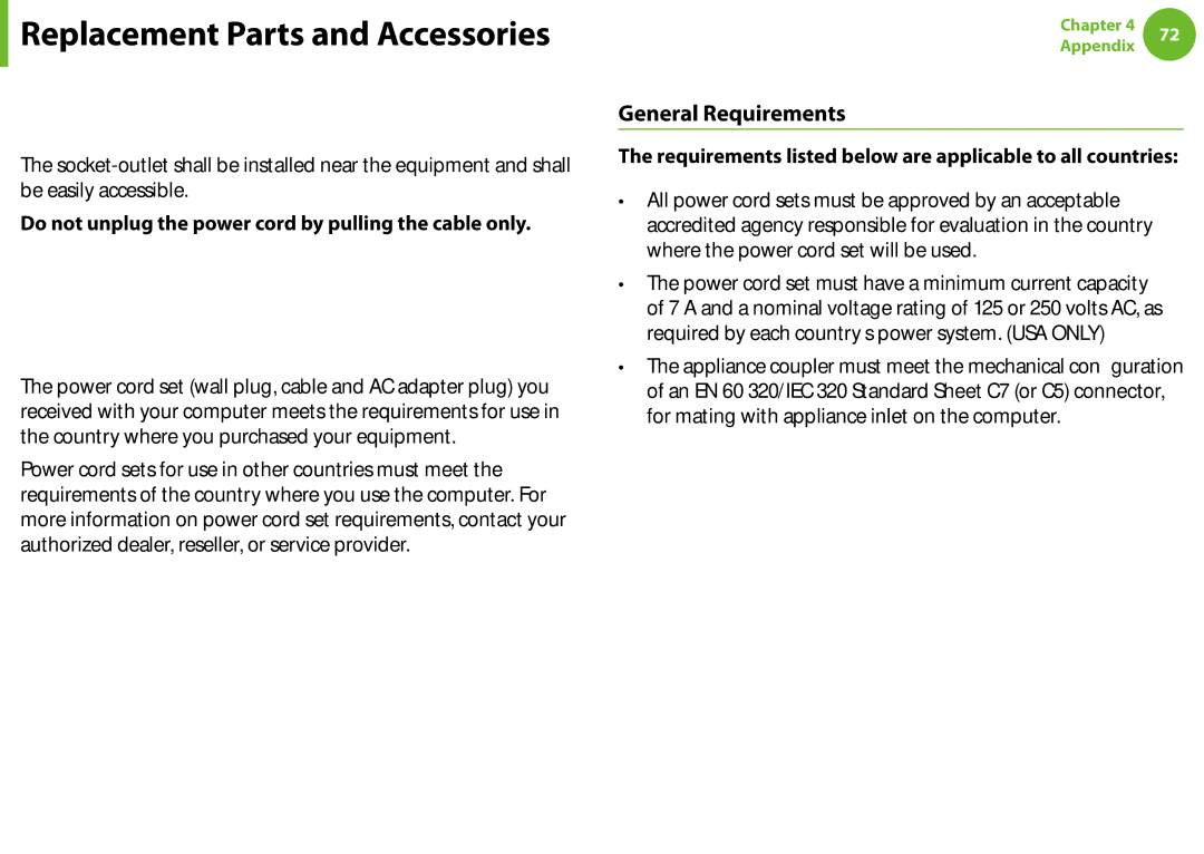 Samsung NP-N100-DA02BG manual Connect and Disconnect the AC adapter, Power Cord Requirements, General Requirements 