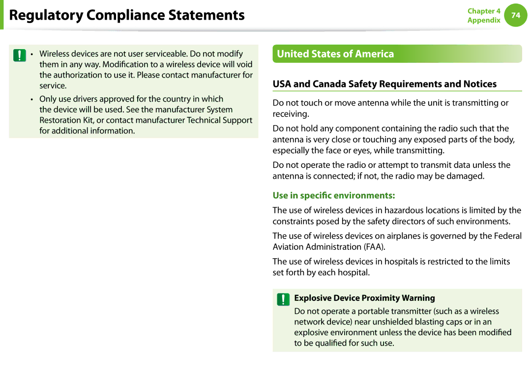 Samsung NP-N100-MA01RU, NP-N100-MA01VN manual United States of America, USA and Canada Safety Requirements and Notices 