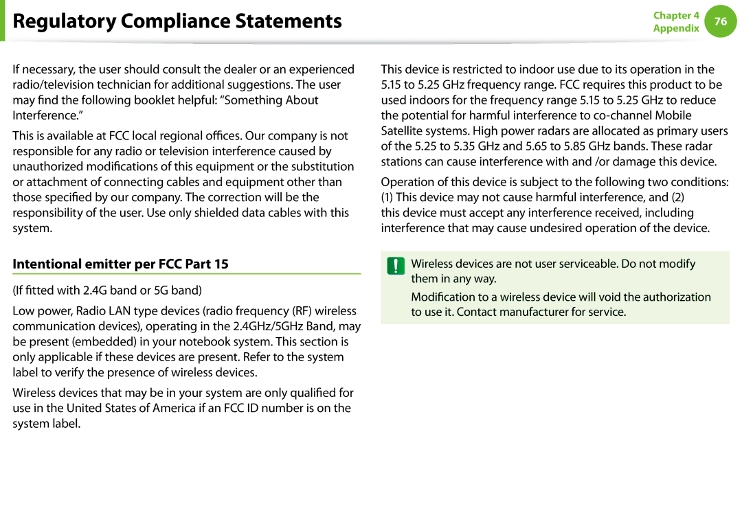Samsung NP-N100-MA01VN, NP-N100-MA02VN manual Intentional emitter per FCC Part, If fitted with 2.4G band or 5G band 