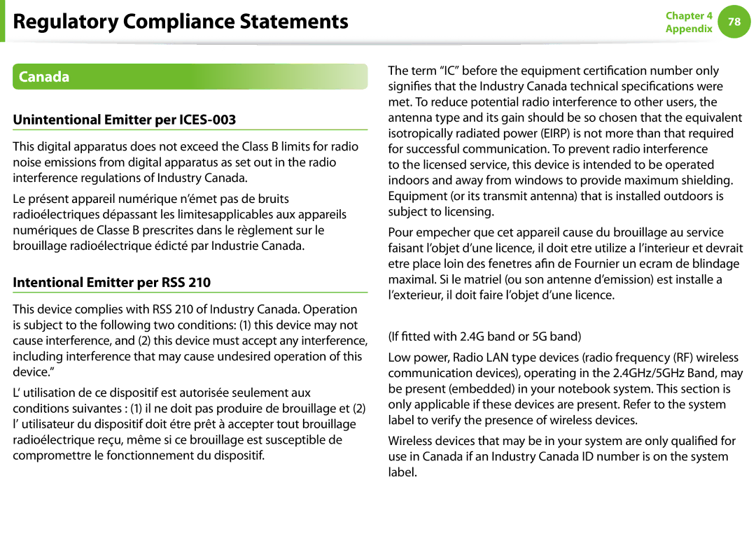 Samsung NP-N100-DA01BG, NP-N100-MA01VN manual Canada, Unintentional Emitter per ICES-003, Intentional Emitter per RSS 