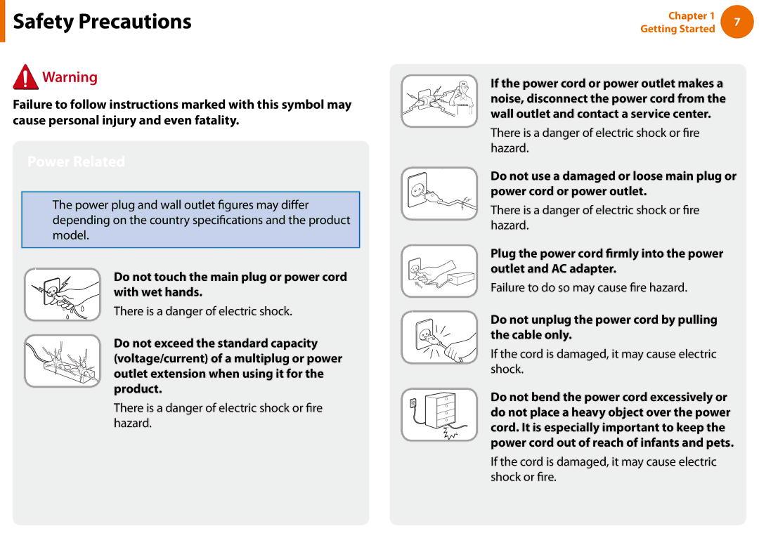 Samsung NP-N100-MA02VN, NP-N100-MA01VN manual Power Related, Do not touch the main plug or power cord with wet hands 