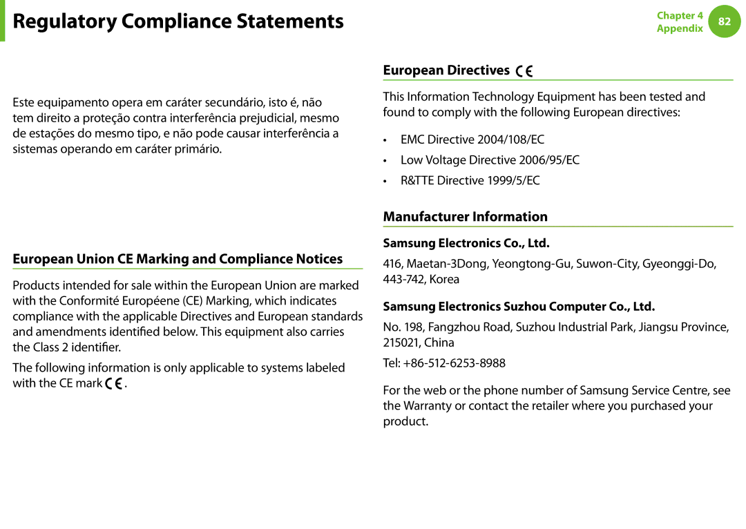 Samsung NP-N100-MA02RU, NP-N100-MA01VN Brazil, European Directives, European Union CE Marking and Compliance Notices 