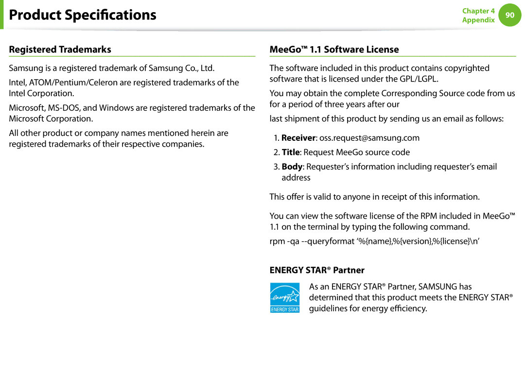 Samsung NP-N100-MA01VN, NP-N100-MA02VN, NP-N100-DA01BG, NP-N100-DA02BG Registered Trademarks, MeeGo 1.1 Software License 