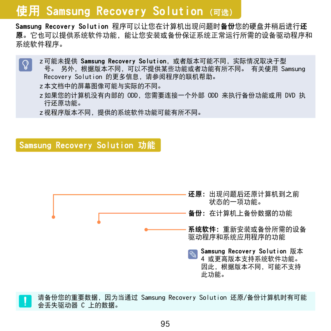 Samsung NP-N120-KA01IT, NP-N120-KA01PL manual 使用 Samsung Recovery Solution 可选, 还原：出现问题后还原计算机到之前 状态的一项功能。 备份：在计算机上备份数据的功能 