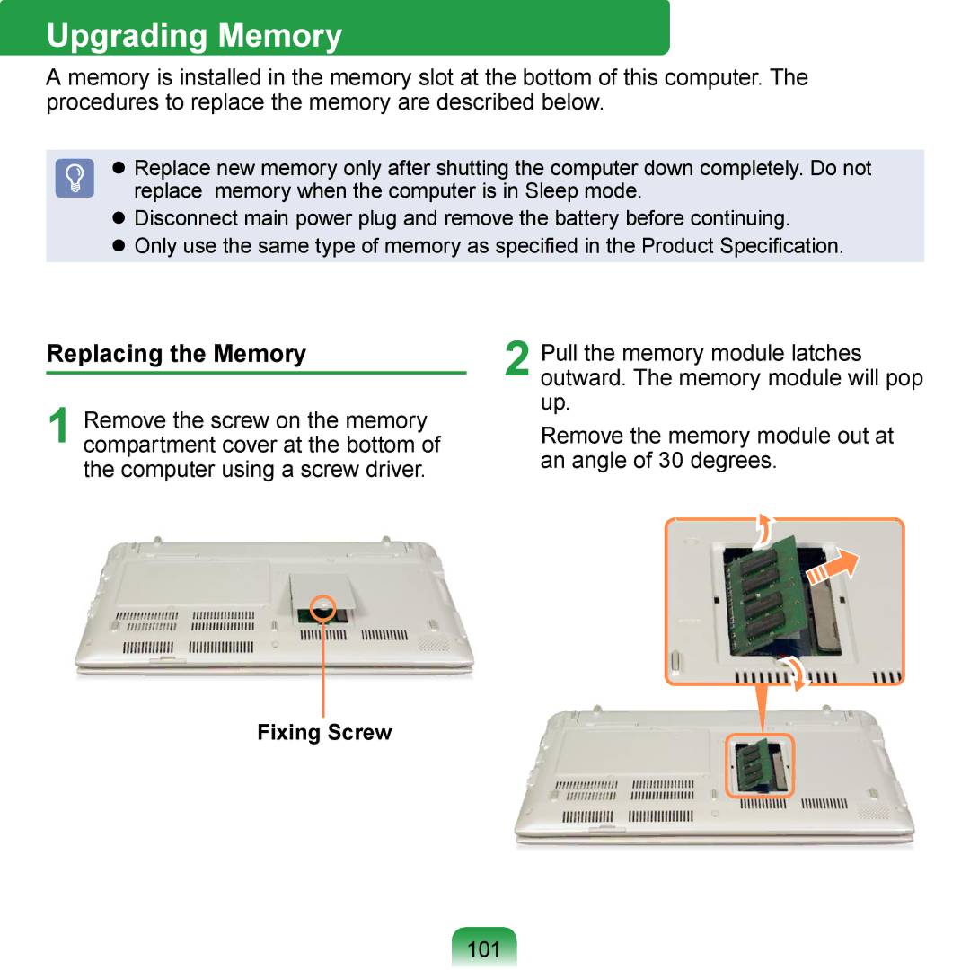 Samsung NP-N120-HAZ2SE, NP-N120-KA04FR, NP-N120-JA01FR manual Upgrading Memory, Replacing the Memory, 101, Fixing Screw 