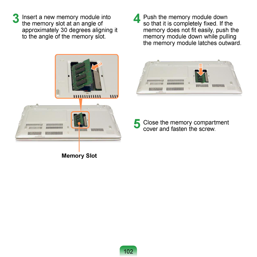 Samsung NP-N120-KA01PL, NP-N120-KA04FR, NP-N120-JA01FR, NP-N120-KA01FR, NP-N120-KA02FR, NP-N120-JA02FR manual 102, Memory Slot 