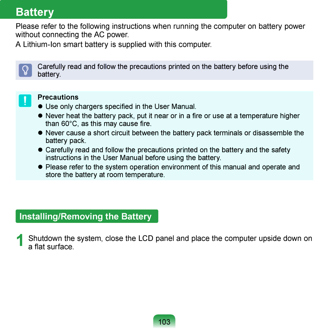 Samsung NP-N120-KA04FR, NP-N120-JA01FR, NP-N120-KA01FR, NP-N120-KA02FR manual Installing/Removing the Battery, Precautions 