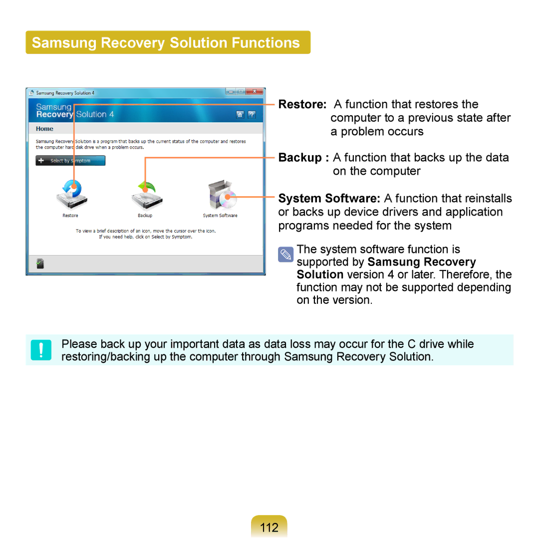 Samsung NP-N120-KA01ES, NP-N120-KA04FR, NP-N120-JA01FR, NP-N120-KA01FR manual Samsung Recovery Solution Functions, 112 