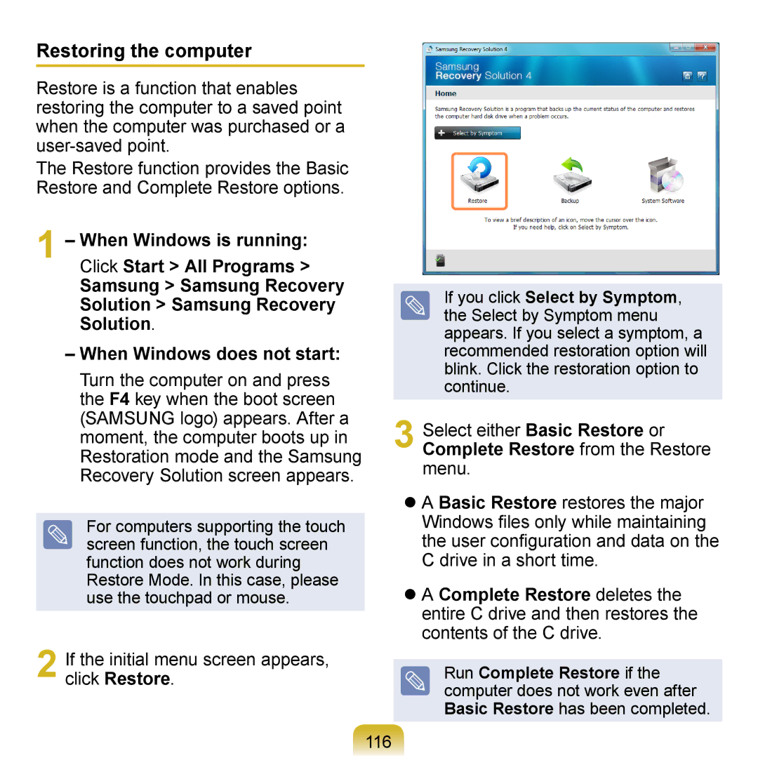 Samsung NP-N120-KA04AE, NP-N120-KA04FR manual Restoring the computer, If the initial menu screen appears, click Restore, 116 