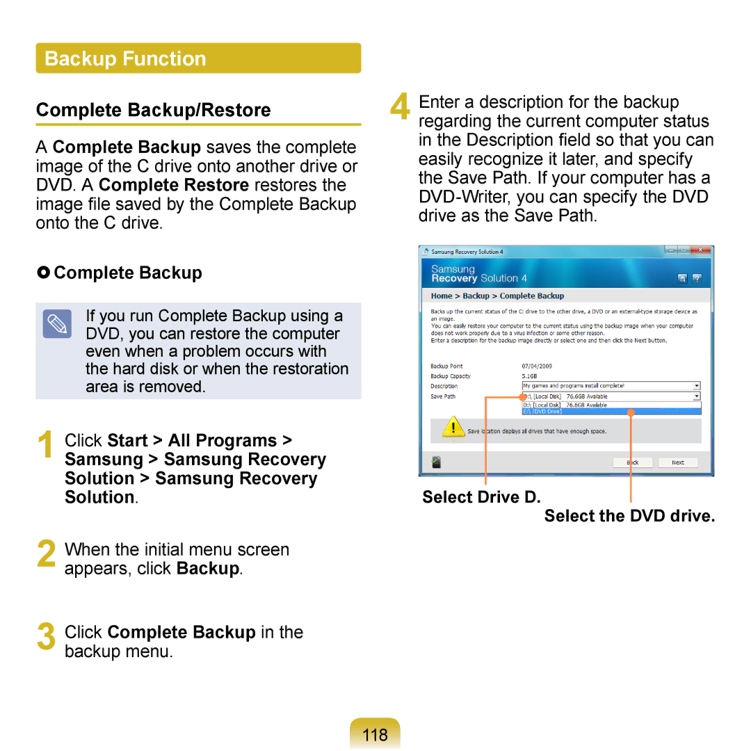 Samsung NP-N120-KA01AE, NP-N120-KA04FR Backup Function, Complete Backup/Restore,  Complete Backup, Click Complete Backup 