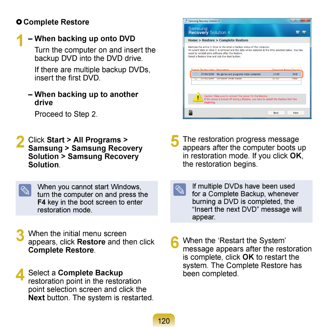 Samsung NP-N120-KA05SE manual When backing up to another drive, Solution, Complete Restore, Select a Complete Backup 