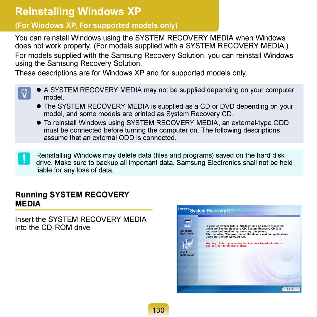 Samsung NP-N120-JA01FR, NP-N120-KA04FR, NP-N120-KA01FR, NP-N120-KA02FR manual Reinstalling Windows XP, Running System Recovery 