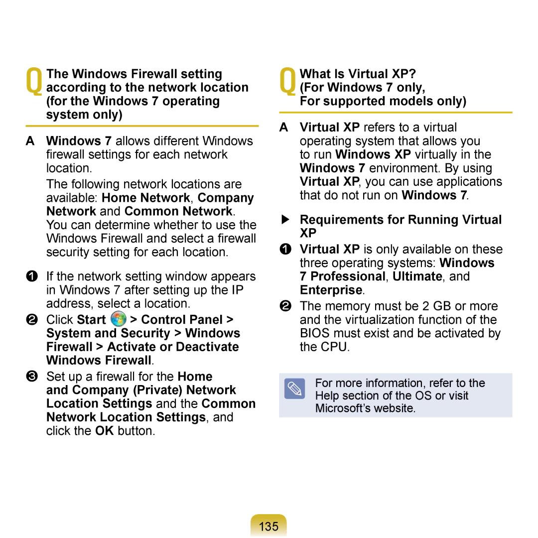 Samsung NP-N120-KA02IT, NP-N120-KA04FR, NP-N120-JA01FR For supported models only, Requirements for Running Virtual, 135 
