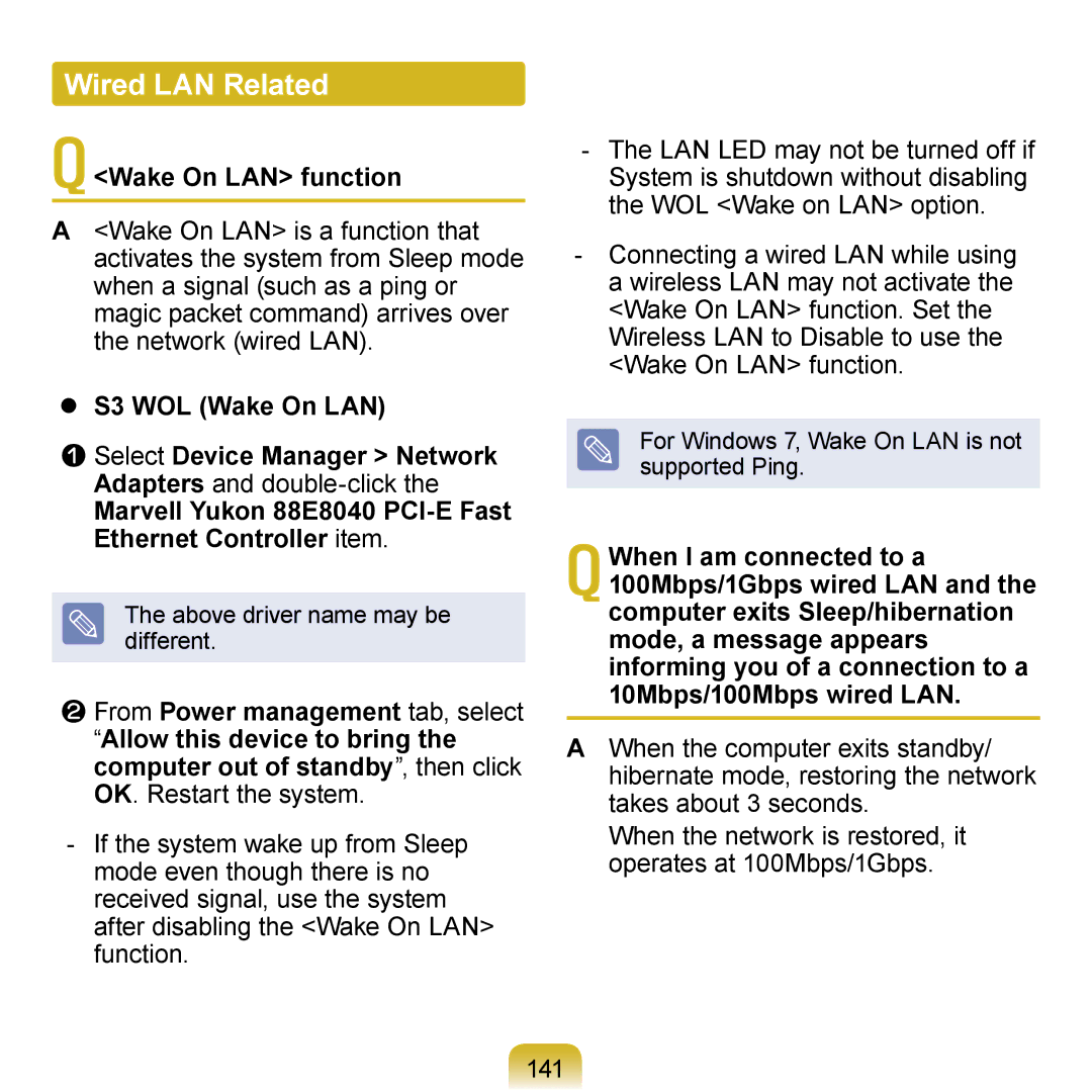 Samsung NP-N120-KA02AE, NP-N120-KA04FR, NP-N120-JA01FR manual Wired LAN Related, Wake On LAN function,  S3 WOL Wake On LAN 
