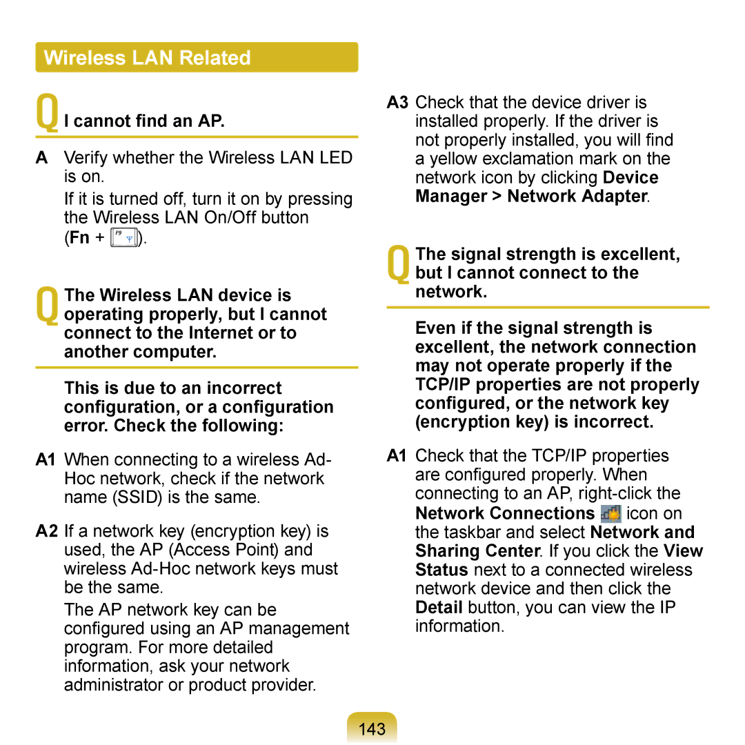 Samsung NP-N120-KA01UA, NP-N120-KA04FR manual Wireless LAN Related, QI cannot find an AP, Encryption key is incorrect 