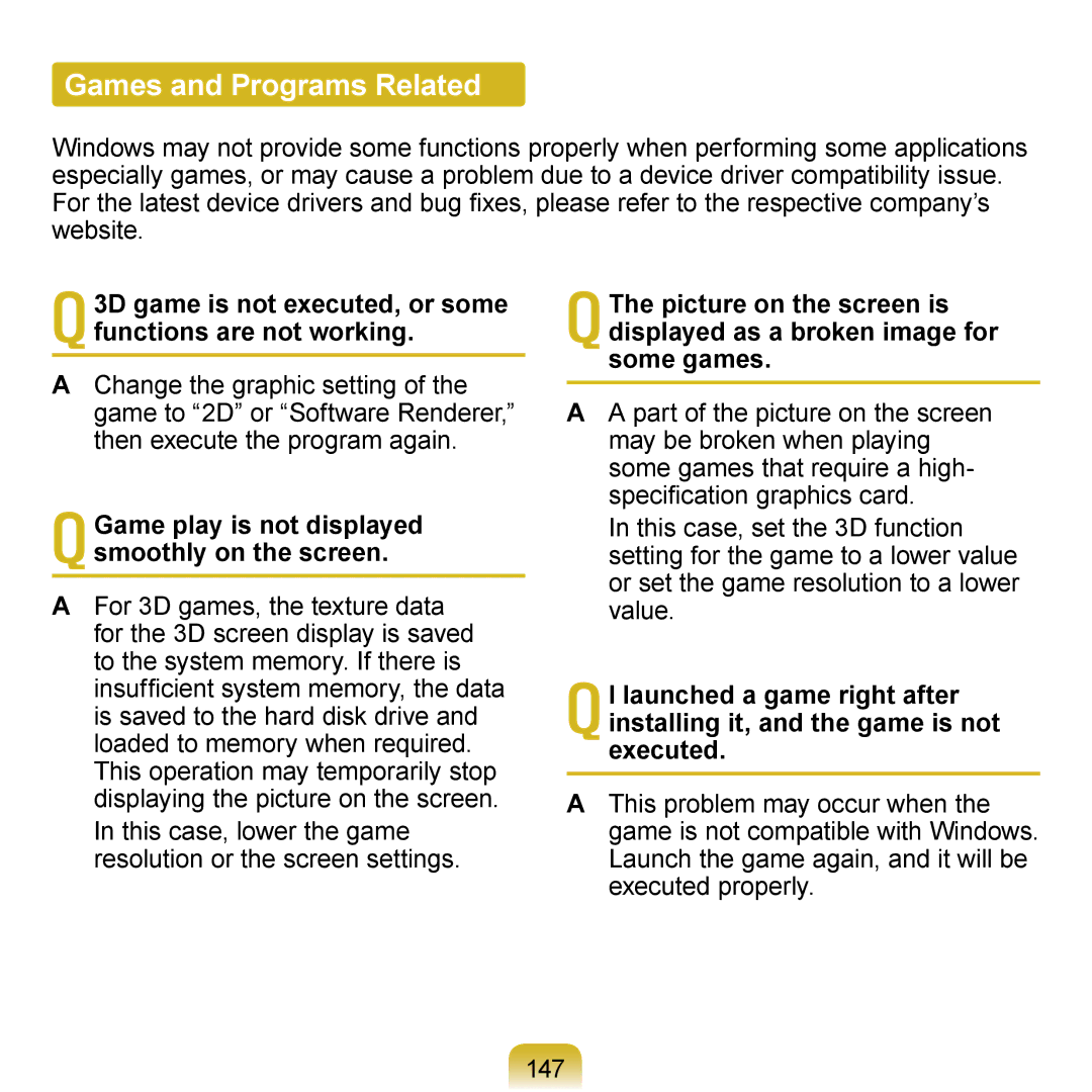 Samsung NP-N120-JA01SE manual Games and Programs Related, 3D game is not executed, or some functions are not working 