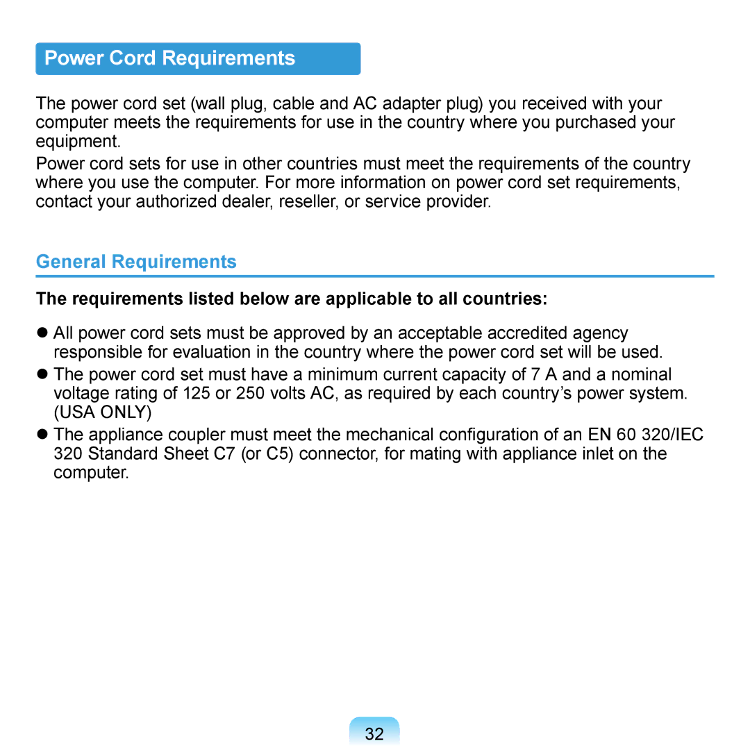 Samsung NP-N120-KA03IT, NP-N120-KA04FR, NP-N120-JA01FR, NP-N120-KA01FR manual Power Cord Requirements, General Requirements 