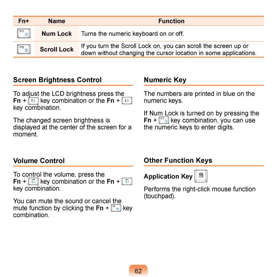 Samsung NP-N120-KA03AE manual Screen Brightness Control, Numeric Key, Volume Control, Other Function Keys, Application Key 