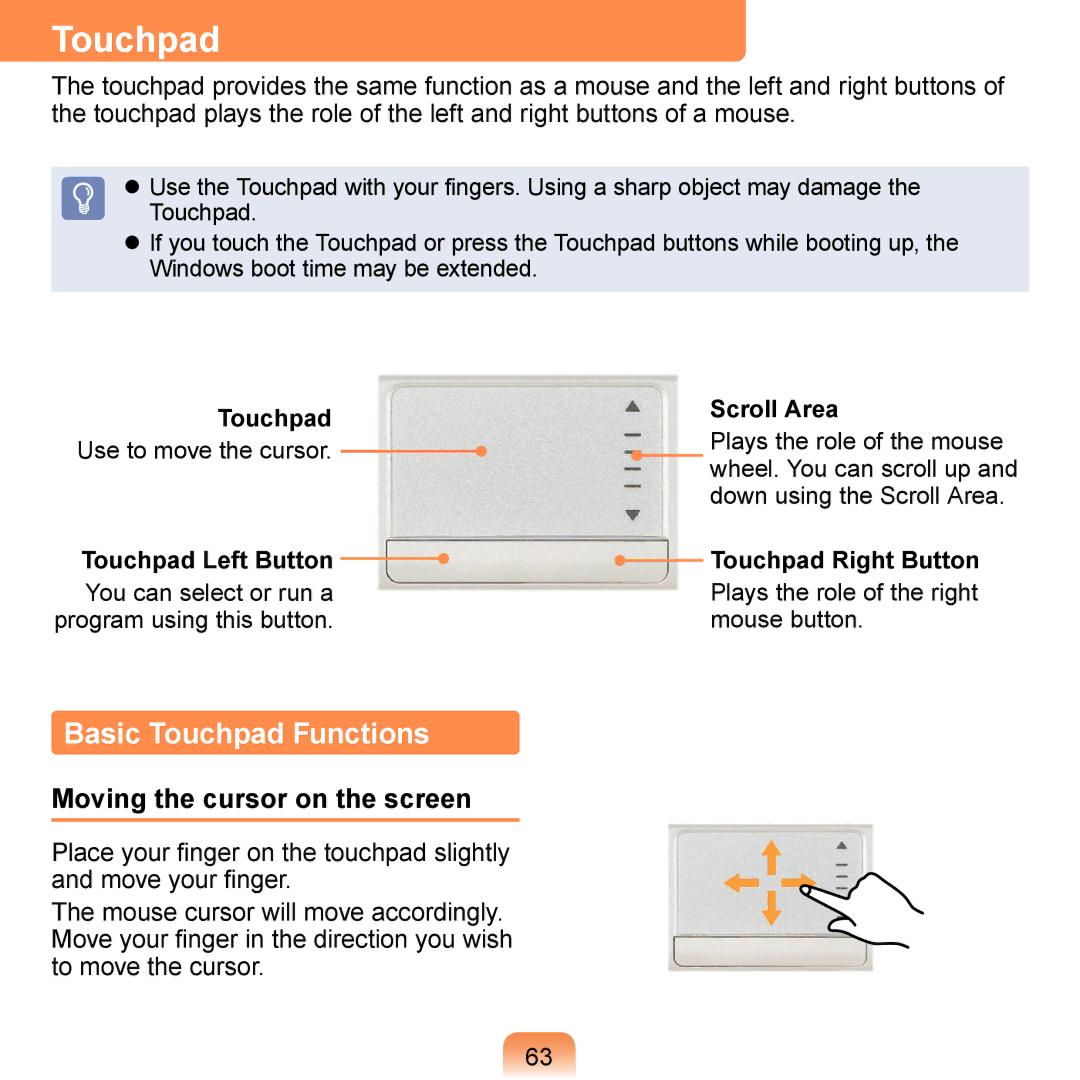 Samsung NP-N120-KA02AE, NP-N120-KA04FR, NP-N120-JA01FR manual Basic Touchpad Functions, Moving the cursor on the screen 