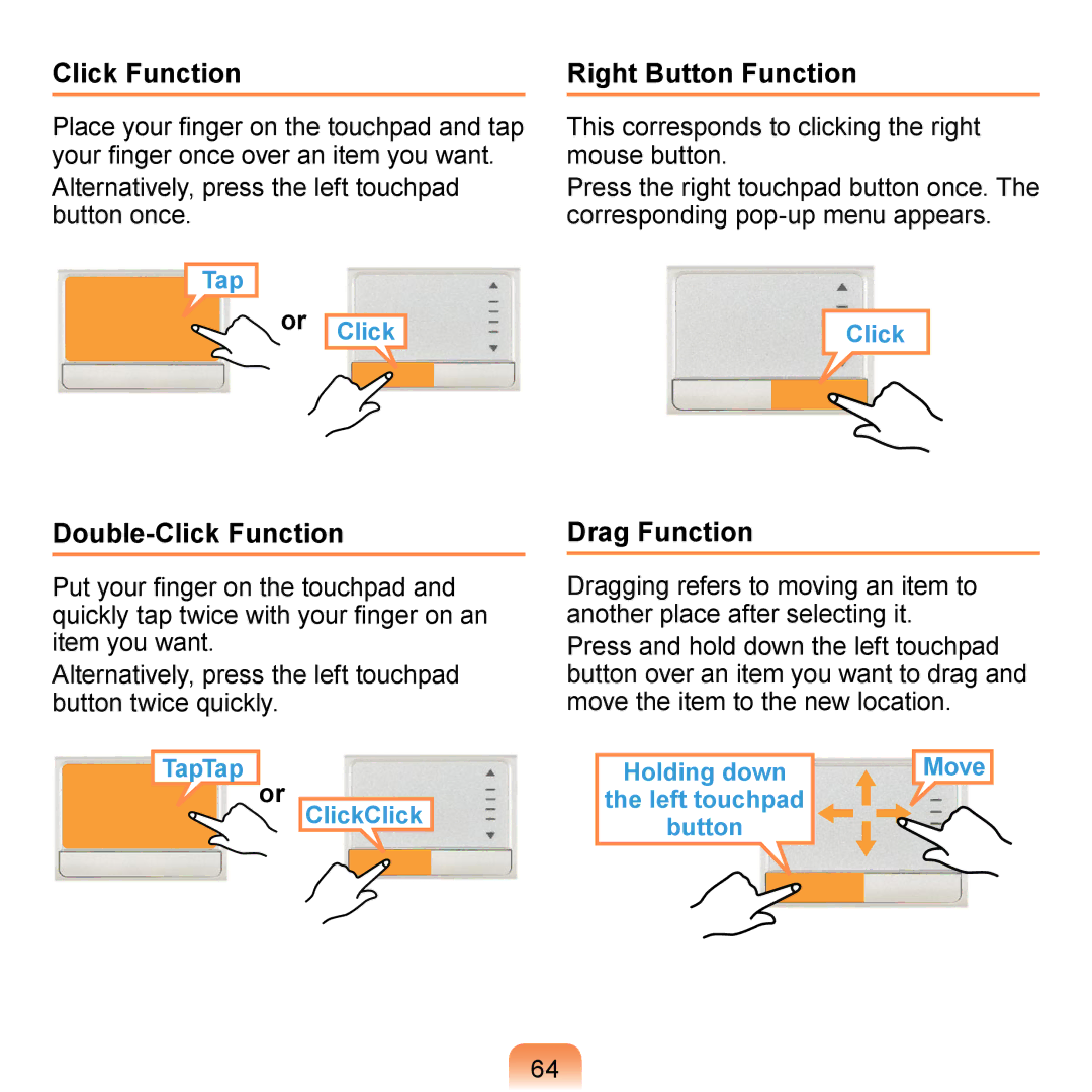 Samsung NP-N120-KA04AE, NP-N120-KA04FR, NP-N120-JA01FR manual Right Button Function, Double-Click Function, Drag Function 