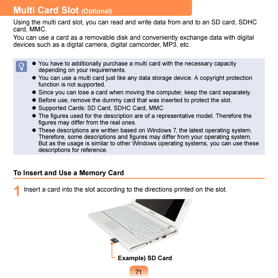 Samsung NP-N120-JA02SE, NP-N120-KA04FR manual Multi Card Slot Optional, To Insert and Use a Memory Card, Example SD Card 