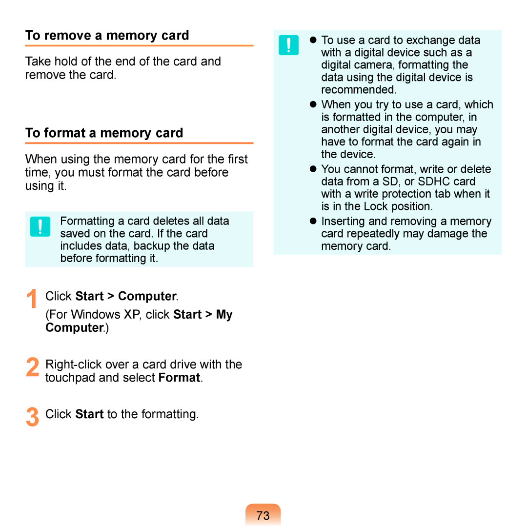 Samsung NP-N120-KA06SE, NP-N120-KA04FR manual To remove a memory card, To format a memory card, Click Start Computer 