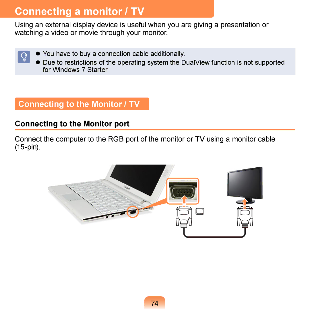 Samsung NP-N120-KA01EE manual Connecting a monitor / TV, Connecting to the Monitor / TV, Connecting to the Monitor port 