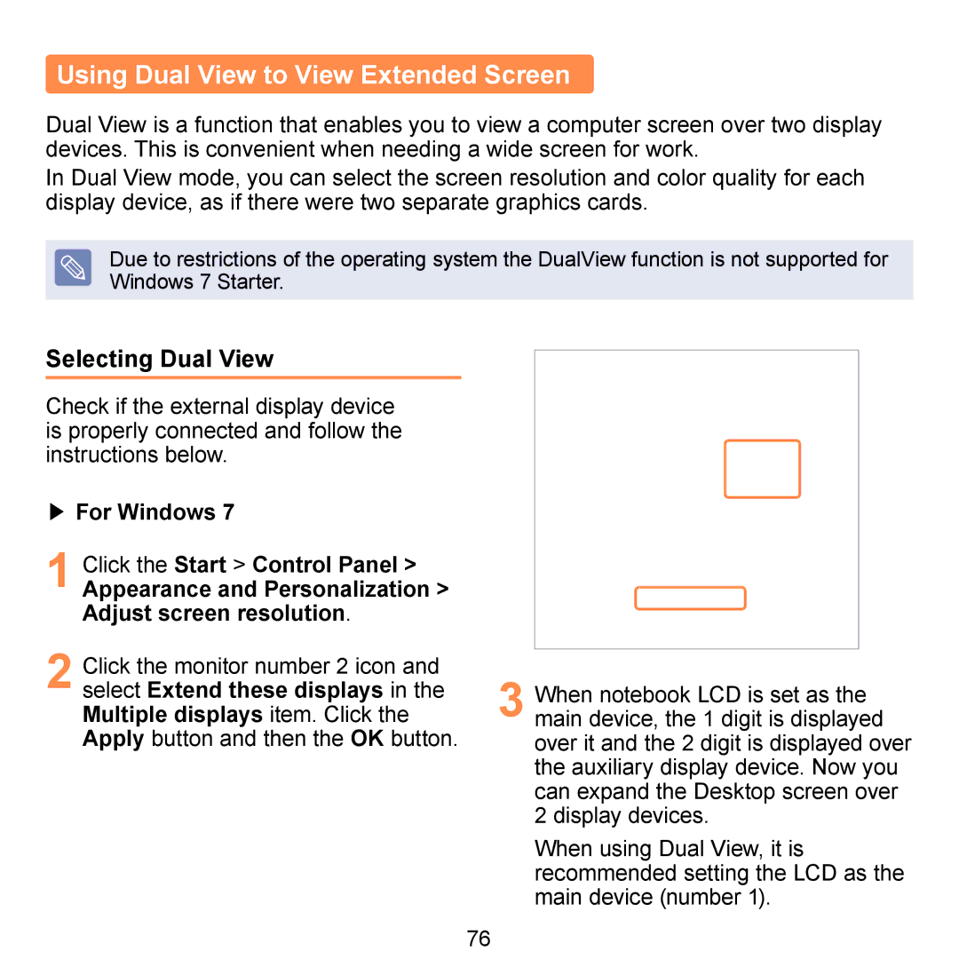 Samsung NP-N120-KA01PL, NP-N120-KA04FR, NP-N120-JA01FR manual Using Dual View to View Extended Screen, Selecting Dual View 