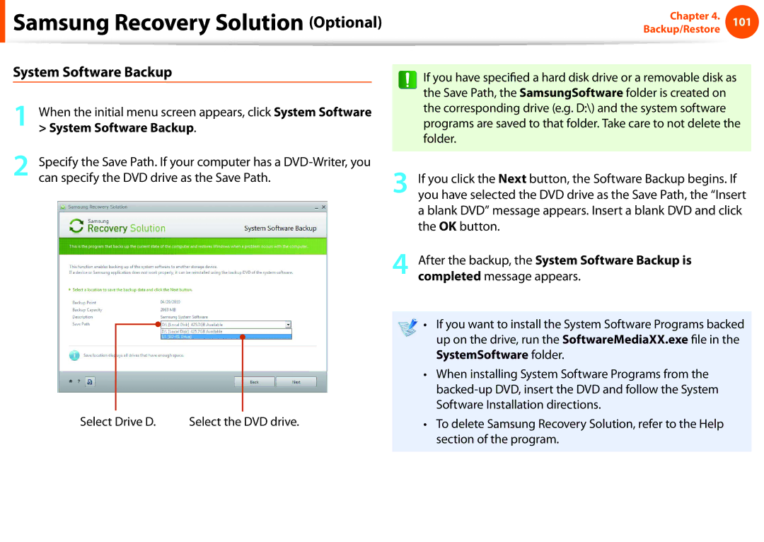 Samsung NP-N110-KA01IT, NP-N130-KA02FR, NP-N140-JA01FR manual System Software Backup, Select Drive D. Select the DVD drive 