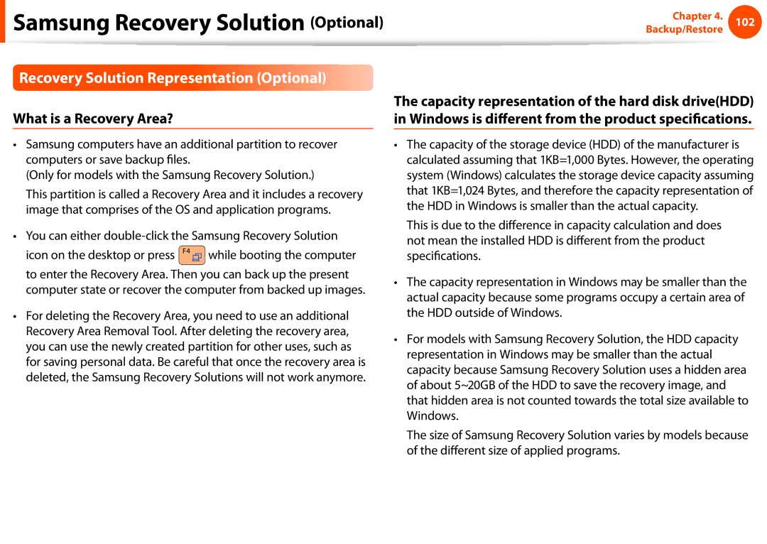 Samsung NP-N150-JA09IT, NP-N130-KA02FR, NP-N140-JA01FR Recovery Solution Representation Optional, What is a Recovery Area? 