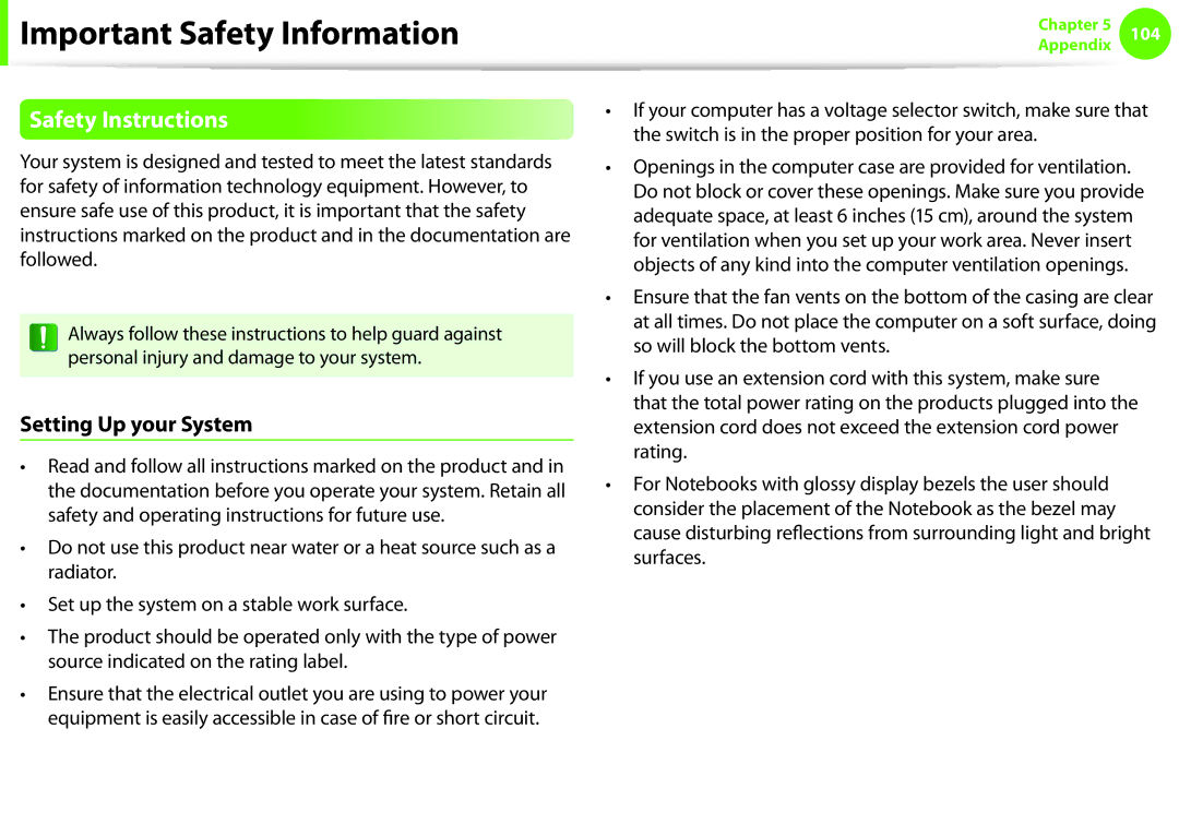 Samsung NP-N150-JP06IT, NP-N130-KA02FR manual Important Safety Information, Safety Instructions, Setting Up your System 