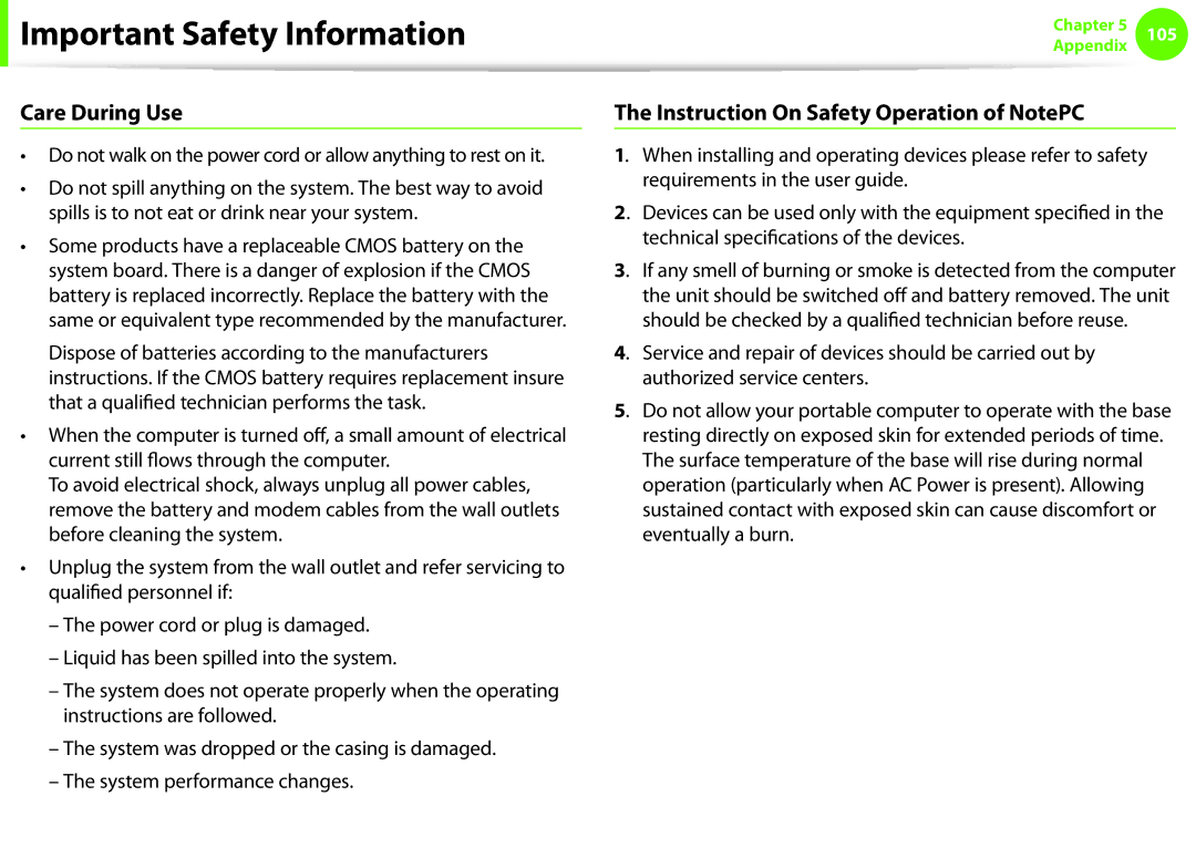 Samsung NP-N220-JB02IT, NP-N130-KA02FR, NP-N140-JA01FR manual Care During Use, Instruction On Safety Operation of NotePC 